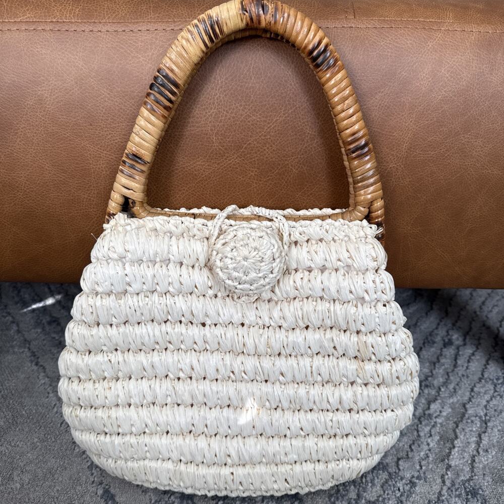 Vintage LEWIS IMPORTS Woven Rush Handbag Basket Bag Purse Cream Made In Italy